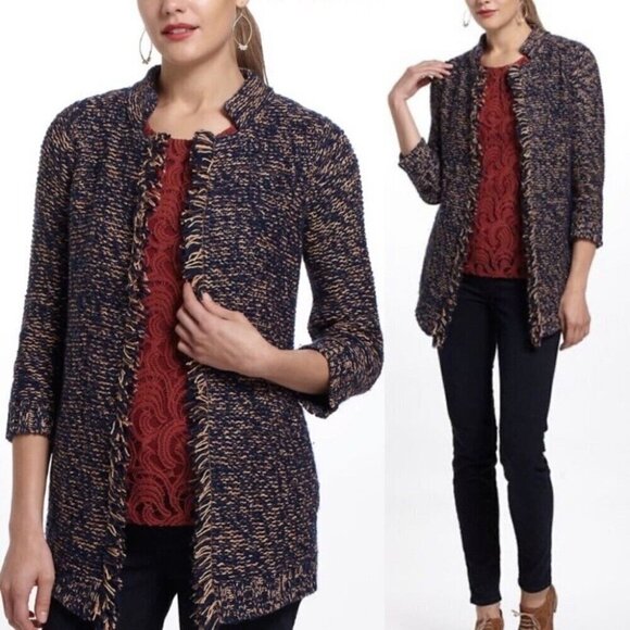 🦋 ANTHROPOLOGIE SPARROW Navy Orange Cardigan Sweater - Picture 2 of 7